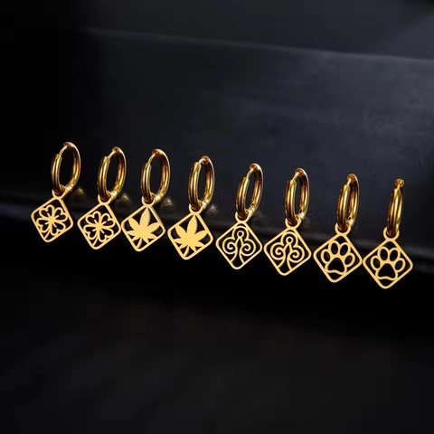 Stainless Steel Square Hollow Hoop Earrings Gold Silver Evil Eye Heart Paw Leaf Phoenix Flamingo Horseshoe Jewelry
