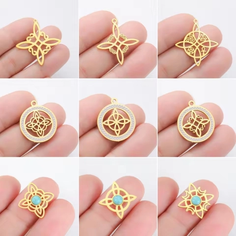 Colgantes de Acero Inoxidable Nudo de Bruja Nudo Celta Símbolos Místicos Fases Lunares Flor de la Vida Rosa Huecos Para Joyería DIY
