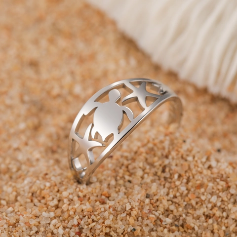 Anello Aperto in Acciaio Inossidabile a Forma di Tartaruga Marina e Stella Marina per Uomo Donna Regolabile Tema Oceano