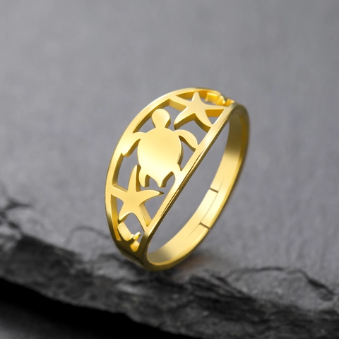 Anello Aperto in Acciaio Inossidabile a Forma di Tartaruga Marina e Stella Marina per Uomo Donna Regolabile Tema Oceano