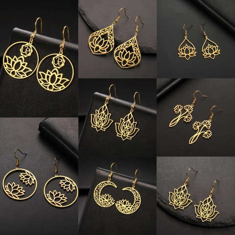 304 Stainless Steel Hollow Lotus Flower Dangle Earrings For Women Fashion Yoga Om Symbol Round Teardrop Moon Earrings Jewelry