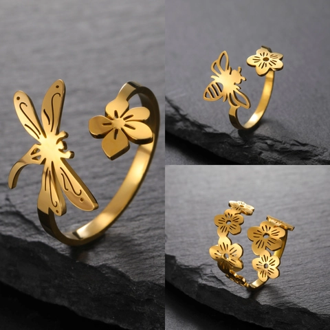 Fashion 304 Stainless Steel Open Ring For Women Hollow Bee Dragonfly Flower Adjustable Minimalist Finger Ring Jewelry Gift
