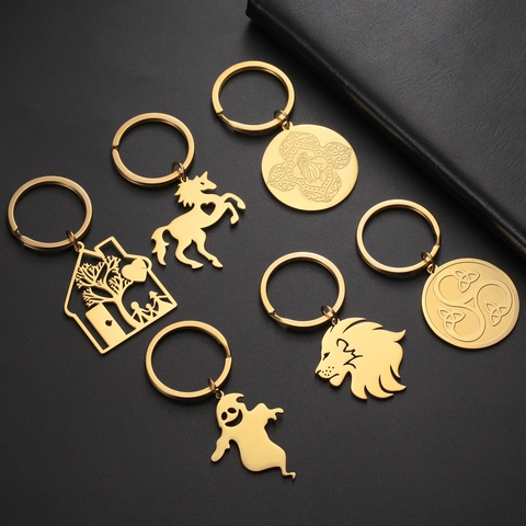 Stainless Steel Keychain Animal House Ghost Lion Eagle Celtic Knot Heart Horse Gold Silver Keyring For Car Keys Bag Decoration