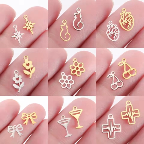 304 Stainless Steel Small Charms For Jewelry Making DIY Hollow Flower Cat Mushroom Heart Star Butterfly Pendants For Necklace Bracelet Findings