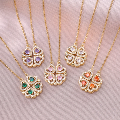 Collier Pendentif Trèfle Coeur Acier Inoxydable Transformation Pliante Magnétique Incrusté De Zircon Bijoux Pour Femmes