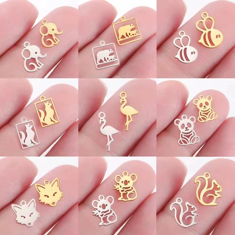 304 Stainless Steel Hollow Animal Pendant Bee Fox Flamingo Koala Panda Elephant DIY Necklace Earring Jewelry Making Material