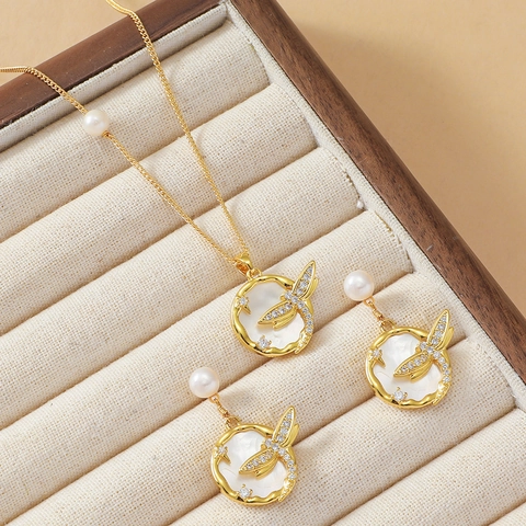 French Vintage Titanium Steel Dragonfly Necklace Earrings Set Freshwater Pearl Zirconia Abalone Shell Jewelry For Women