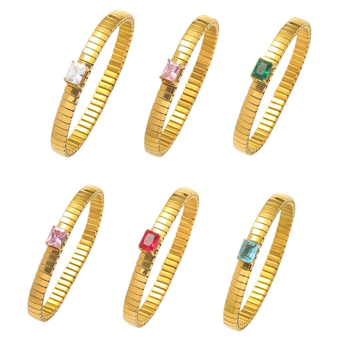 Fashion Gold Plated Stainless Steel Elastic Bracelet For Women Colorful Rectangular Zirconia Inlaid Stretch Bangle Jewelry