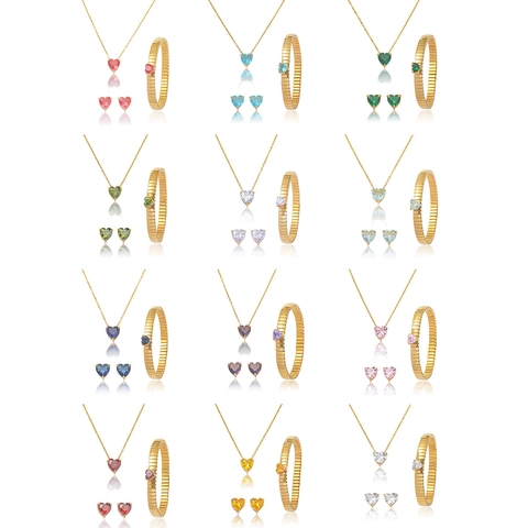Luxus Titanstahl Herz Zirkonia Halskette Und Ohrringe Und Armband Mehrfarbig Vergoldeter Schmuck Für Damen Party
