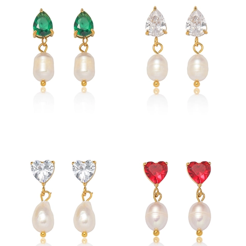 Fashion Copper Freshwater Pearl Heart Earrings Vintage Rhinestone Heart Teardrop Pendant Drop Earrings For Women Jewelry