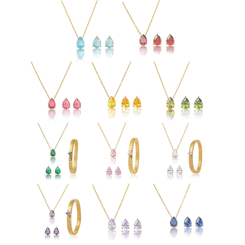 Collar de Gota de Agua de Acero Inoxidable Aleación Circonia Con Pendientes de Botón Y Pulsera Elástica Regalo Joyería Mujer