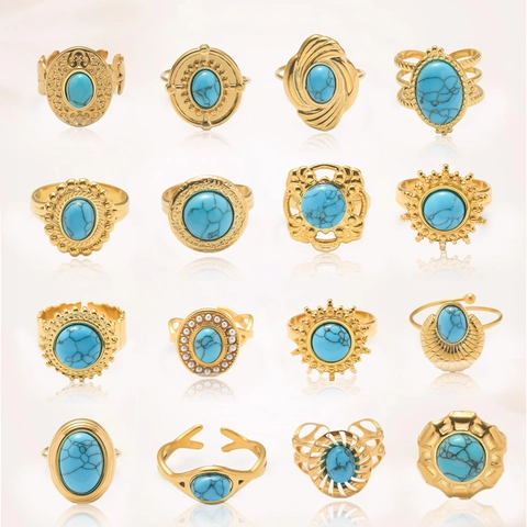 Vintage Edelstahl Türkis-Imitat Offener Ring Für Damen Boho Vergoldet Etnische Verstellbare Fingerring Retro Schmuck