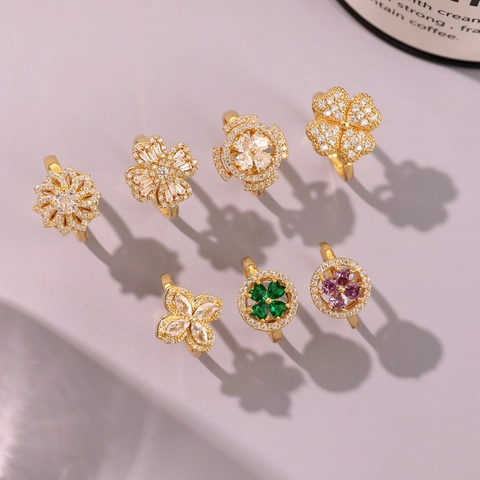 Rotierender Vierblättriges Kleeblatt Blume Ring Für Damen Vergoldet Kupfer Zirkonia Verstellbarer Offener Ring Modeschmuck Geschenk
