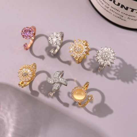 Rotierender Stressabbau Kupferring Für Damen Verstellbare Öffnung Zirkonia Sonnenblume Blume Geometrischer Modeschmuck Geschenk