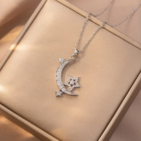Elegant Titanium Steel Star Moon Pendant Necklace For Women Zirconia Shell Pearl Inlaid Gold Silver Plated Jewelry Gift