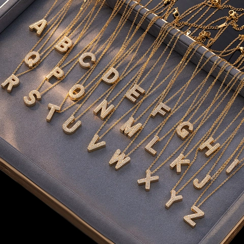 Edelstahl Alphabet Halskette Vergoldete Kupfer Mikro Zirkonia Initial Buchstabe Anhänger Halskette Für Damen Herren Schmuck