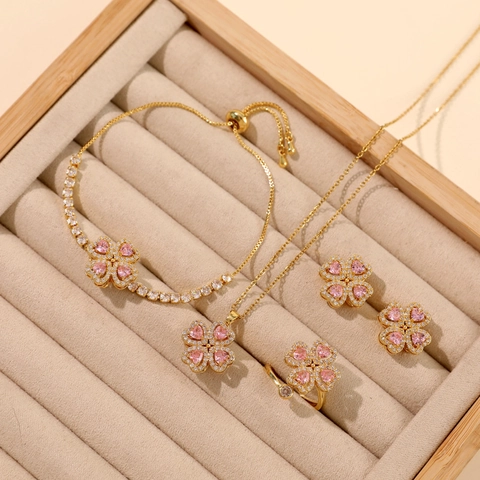 Rotierendes Vierblättriges Kleeblatt Herz Schmuckset Kupfer Zirkonia Halskette Ohrringe Ring Armband Damen Hochzeit Party Schmuck