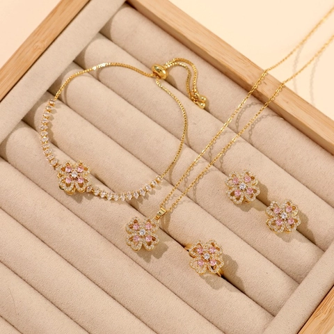 Rotating Four-Leaf Clover Stainless Steel Necklace Zirconia Gold Silver Flower Pendant Elegant Jewelry Set For Women