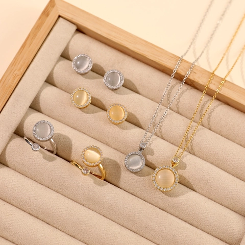 Edelstahl Katzenaugenstein Halskette Für Damen Gold Plattiert Kupfer Zirkonia Rund Anhänger Drehbar Schlüsselbein Kette Schmuck Geschenk