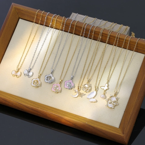 Edelstahl Halskette Damen Elegant Schmetterling Blume Perlmutt Zirkonia Anhänger Schlüsselbein Kette Schmuck