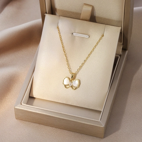 Edelstahl Halskette Damen Elegant Schmetterling Blume Perlmutt Zirkonia Anhänger Schlüsselbein Kette Schmuck