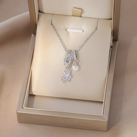 Mode Edelstahl Schmetterling Mond Kreuz Fischschwanz Anhänger Halskette Gold Silber Zirkonia Künstliche Perle Schlüsselbein Kette Schmuck Damen