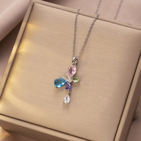 Butterfly Pendant Necklace Stainless Steel Gold Silver Zirconia Faux Artificial Pearl Tassel Sweet Fashion Jewelry For Women Gift