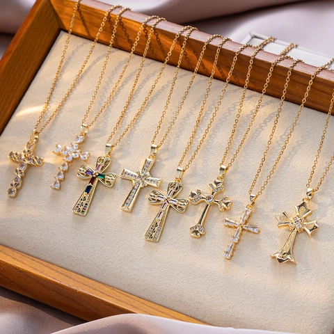 Vintage Stainless Steel Cross Pendant Necklace For Women Gold Plated Copper Zirconia Inlaid Luxury Religious Fashion Jewelry