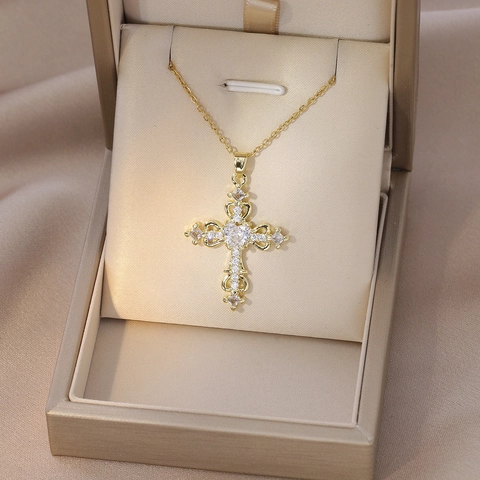 Fashion Zirconia Cross Pendant Necklace For Women Gold Plated Stainless Steel Copper Colorful Zircon Heart Stone Jewelry Gift