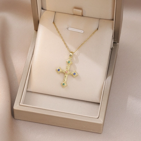Stainless Steel Cross Necklace For Women Vintage Angel Wings Virgin Mary Zirconia Gold Silver Plated Religious Jewelry