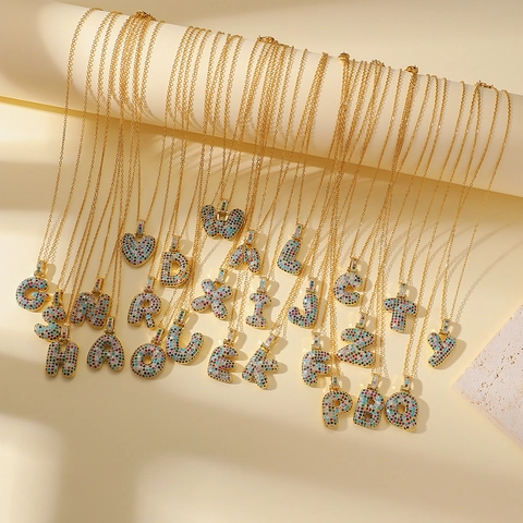 Edelstahl Alphabet Anfangsbuchstabe Anhänger Halskette Für Damen Vergoldet Bunter Zirkonia Bubble Buchstabe Schmuck