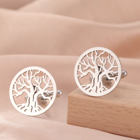 304 Stainless Steel Tree Of Life Hollow Round Cufflinks For Men French Style Minimalist Niche Jewelry Shirt Accessory Gift
