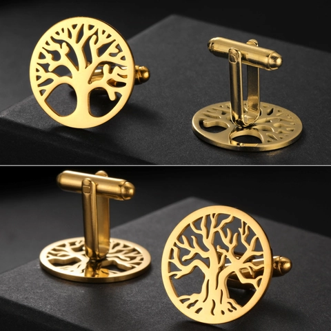 304 Stainless Steel Tree Of Life Hollow Round Cufflinks For Men French Style Minimalist Niche Jewelry Shirt Accessory Gift