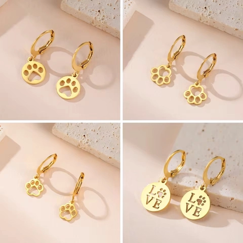 Minimalist Stainless Steel Hollow Paw Print Heart Pendant Hoop Earrings For Women Gold Silver Pet Lover Jewelry Gift