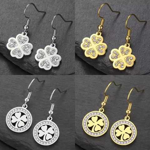 Boucles d'Oreilles en Acier Inoxydable 304 Trèfle Coeur Zircone Plaqué Or Argent Crochets Boucles d'Oreilles Pendantes Bijoux
