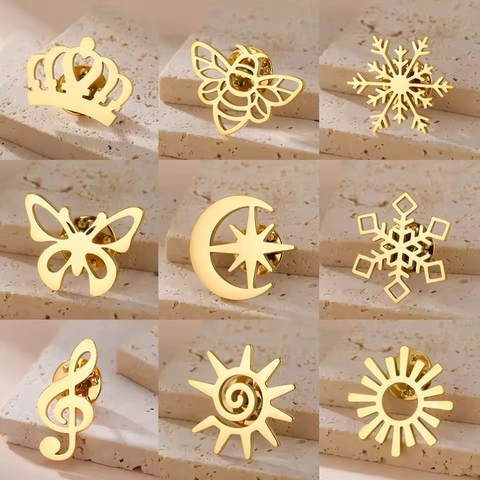 Broche en Acier Inoxydable pour Femmes Filles Or Argent Couronne Abeille Papillon Flocon de Neige Note de Musique Soleil Lune Étoile Épinglette