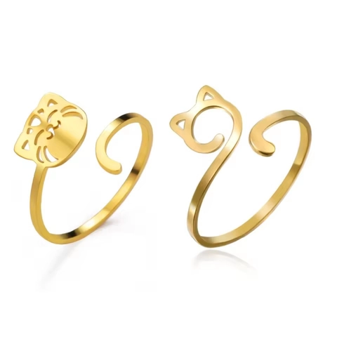 Adjustable Cute Cat Ring 18K Gold Plated 304 Stainless Steel Hollow Cat Head Animal Finger Ring For Women Girls Fashion Jewelry