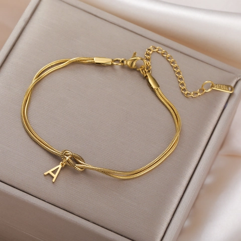 304 Roestvrij Staal Dubbele Slangenketting Armband Liefdesknoop Hoofdletter A-Z Hanger Verstelbare Initialen Sieraden Voor Vrouwen Mannen Goud Zilver Verguld Mode Armband Cadeau