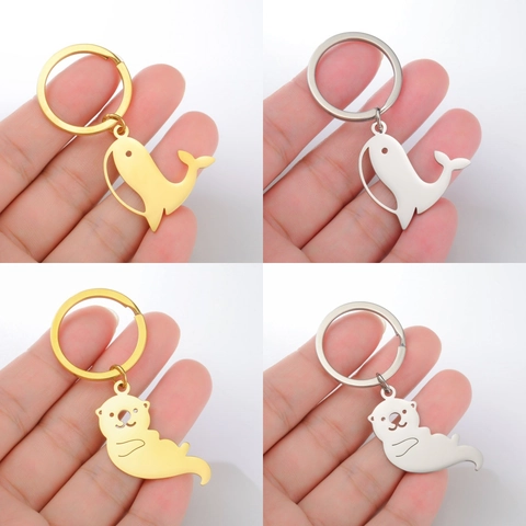 Llavero de Animal de Acero Inoxidable 304 Minimalista Lindo Colgante de Ballena Nutria Oso Polar Anillo de Llave de Metal Pulido