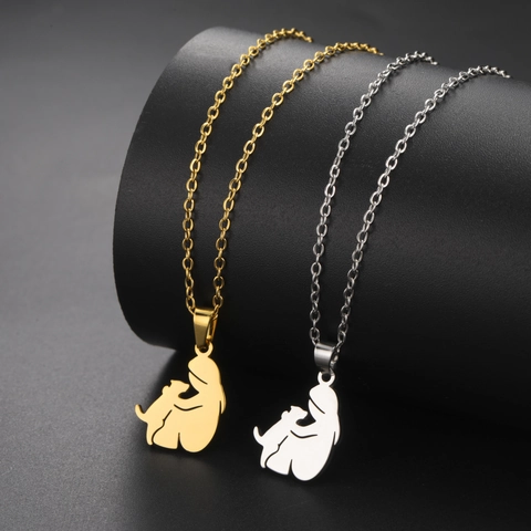 304 Stainless Steel Necklace With Girl Hugging Dog Silhouette Pendant Memorial Gift For Women Pet Lover Fashion Jewelry