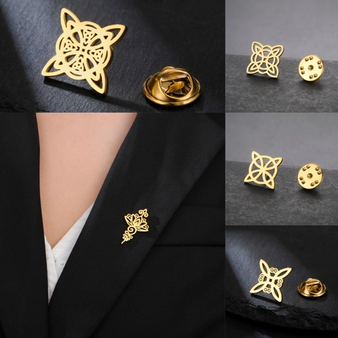 Broche de Acero Inoxidable 304 Nudo de Bruja Loto Retro Geométrico Calado Pin de Solapa Joyería Vintage Regalo Para Mujer Hombre