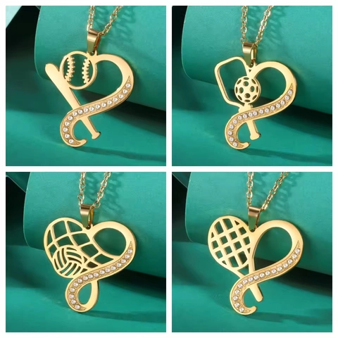 Hart Sport Ketting 304 Roestvrij Staal Zirkonia Basketbal Honkbal Volleybal Badminton Hanger Ketting Voor Sportliefhebbers Cadeau Verstelbare Ketting