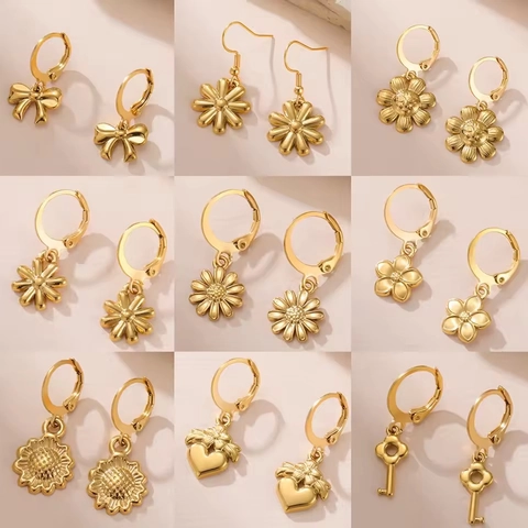 304 Stainless Steel Daisy Sunflower Heart Key Pendant Hoop Earrings For Women Bohemian Gold Silver Plated Floral Jewelry