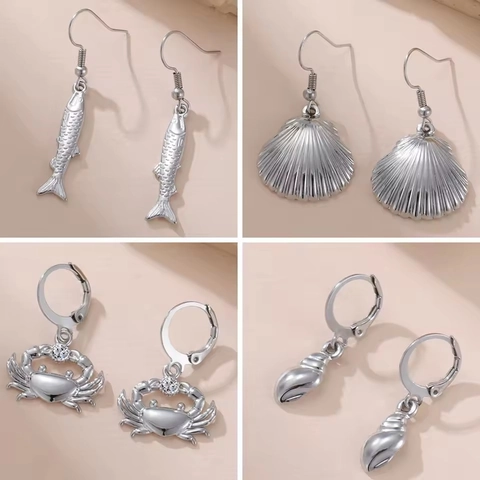 Stainless Steel Marine Creature Hoop Earrings For Women Gold Silver Starfish Fish Crab Shell Conch Key Beach Jewelry