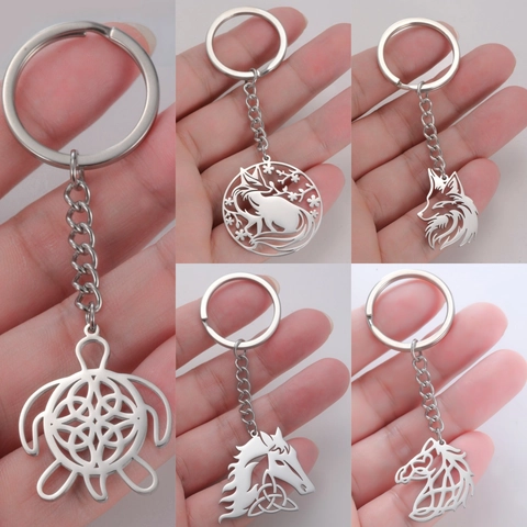 Llavero De Animal Hueco Acero Inoxidable 304 Tortuga Zorro Cabeza De Caballo Lobo Colgante Para Coche Bolso Hombre Mujer