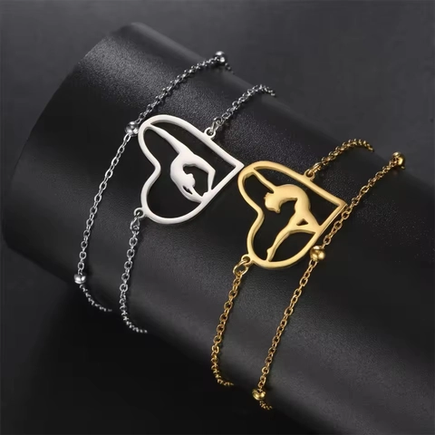 Stainless Steel Heart Gymnast Silhouette Bracelet For Women 18K Gold Plated Double Layer Cross Chain Sporty Jewelry Gift