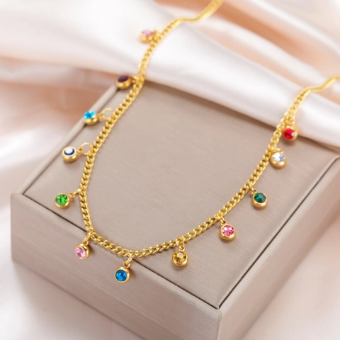 Bohemian 304 Stainless Steel Colorful Round Zirconia Pendant Necklace For Women Gold Silver Plated Fashion Adjustable Choker Jewelry