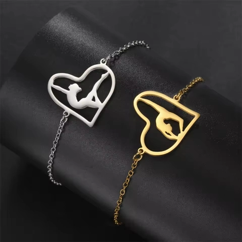 Stainless Steel Heart Gymnast Silhouette Bracelet For Women 18K Gold Plated Double Layer Cross Chain Sporty Jewelry Gift