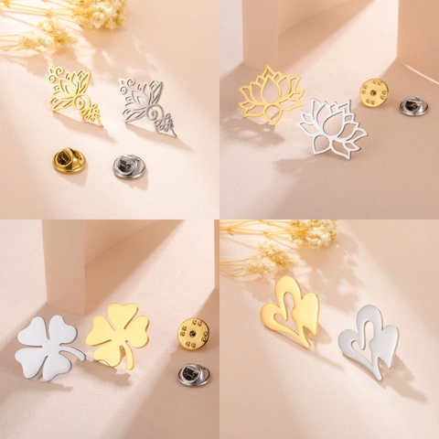 304 Stainless Steel Brooch Minimalist Hollow Lotus Four Leaf Clover Heart Shape Lapel Pin Gold Silver Plated Jewelry Accessory