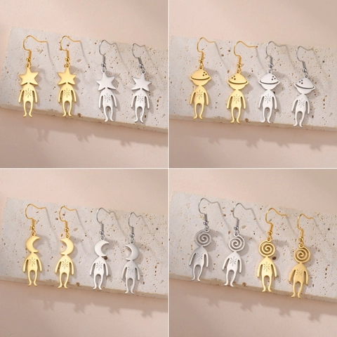 Quirky 304 Stainless Steel Humanoid Drop Earrings For Women Star Moon Planet Swirl Pattern Electroplated Gold Silver Dangle Earrings Jewelry